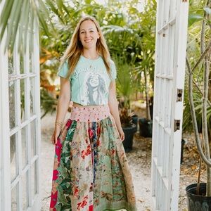 Jaded Gypsy Free Size Bohemian Hippie Colorful Patchwork Pleated Midi Skirt